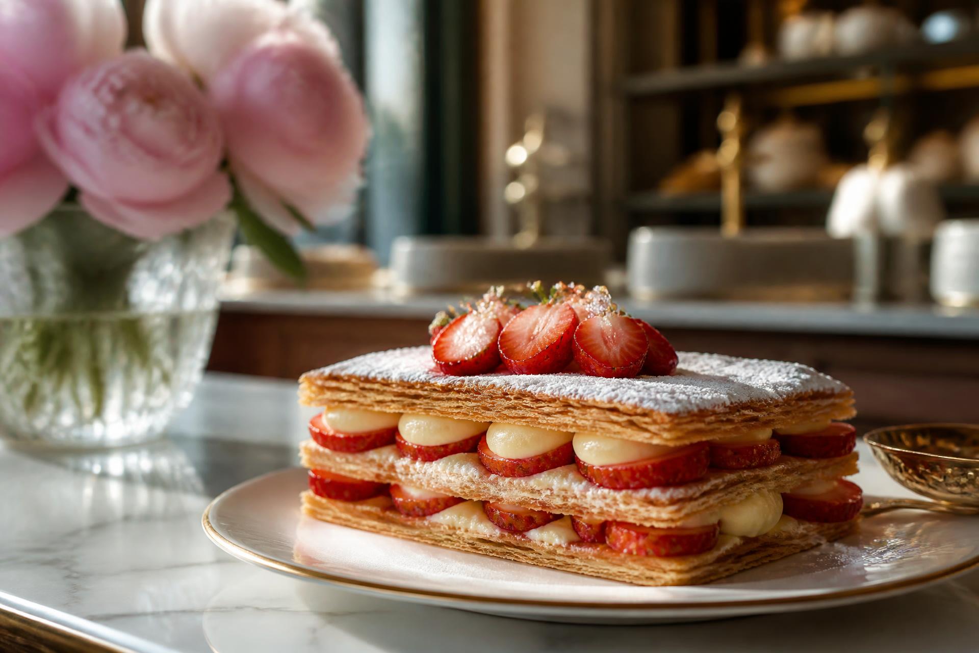 Prémium eperkrémes mille-feuille márványpulton, francia cukrászműhely enteriőrjében